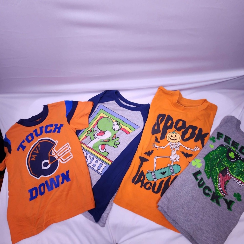 Boys Graphic T-Shirt Lot of 4 Yoshi Football Halloween Dinosaur Tees
